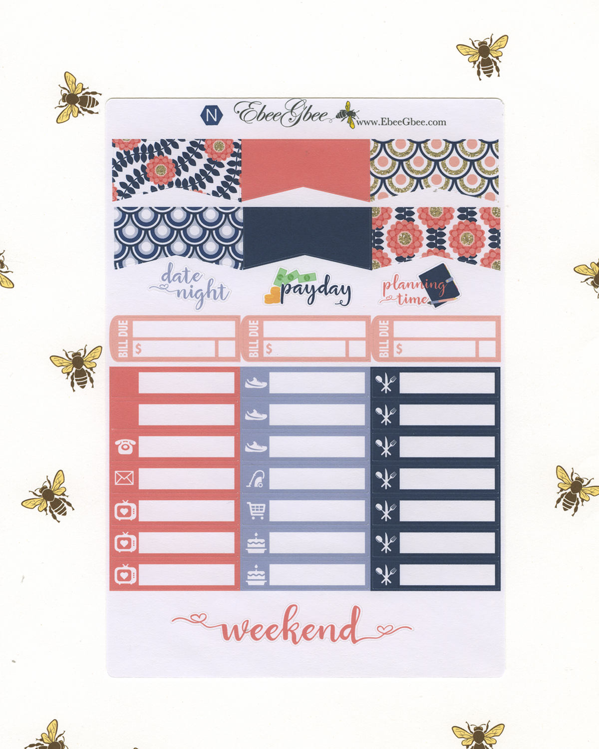 PINK & NAVY WEEKLY Planner Sticker Set | BeeBright Navy