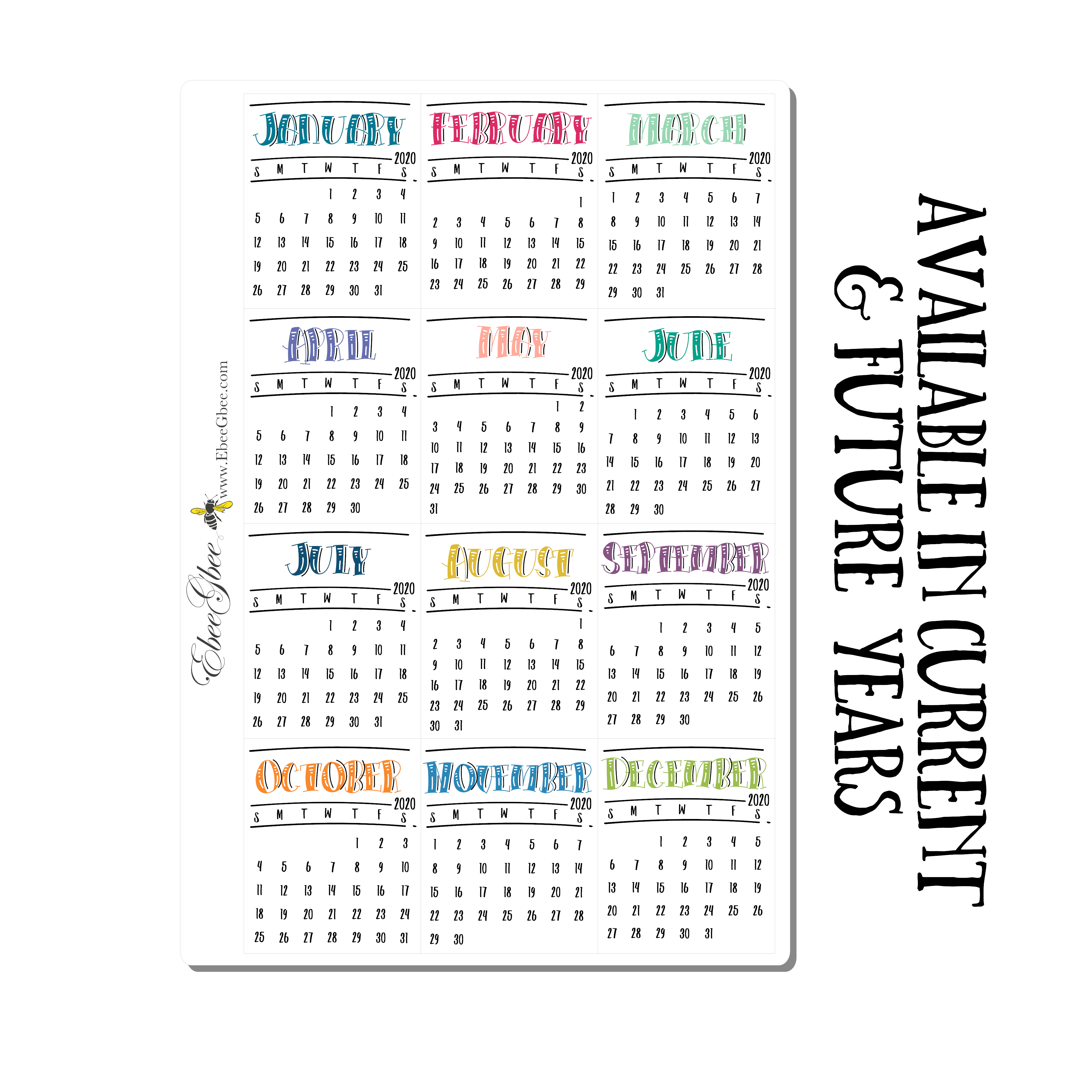 2024 mini calendar stickers for bullet journal and planner