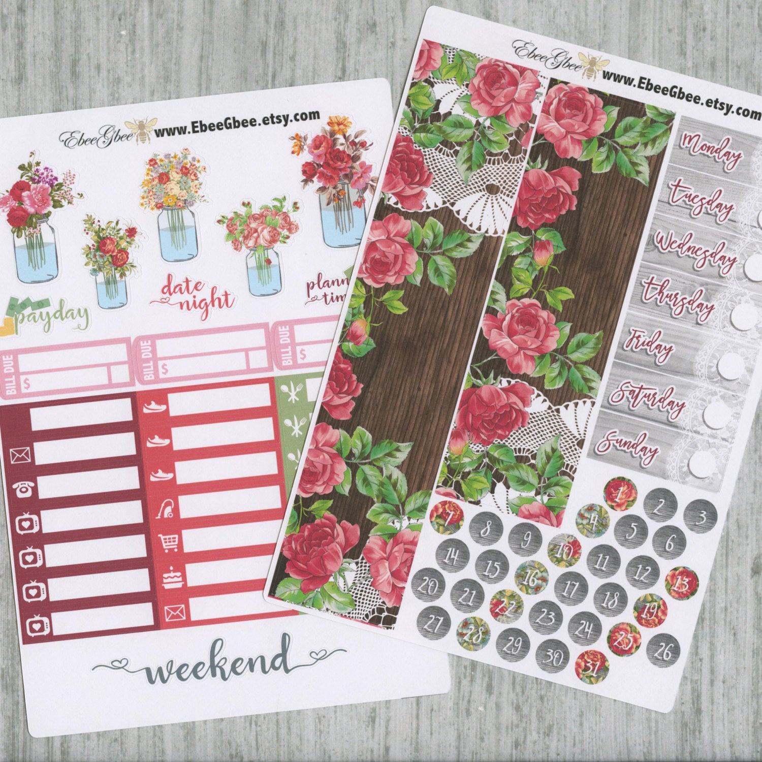 A LA CART Shabby Chic Weekly Planner Sticker Sheets | Rose Gold Storm