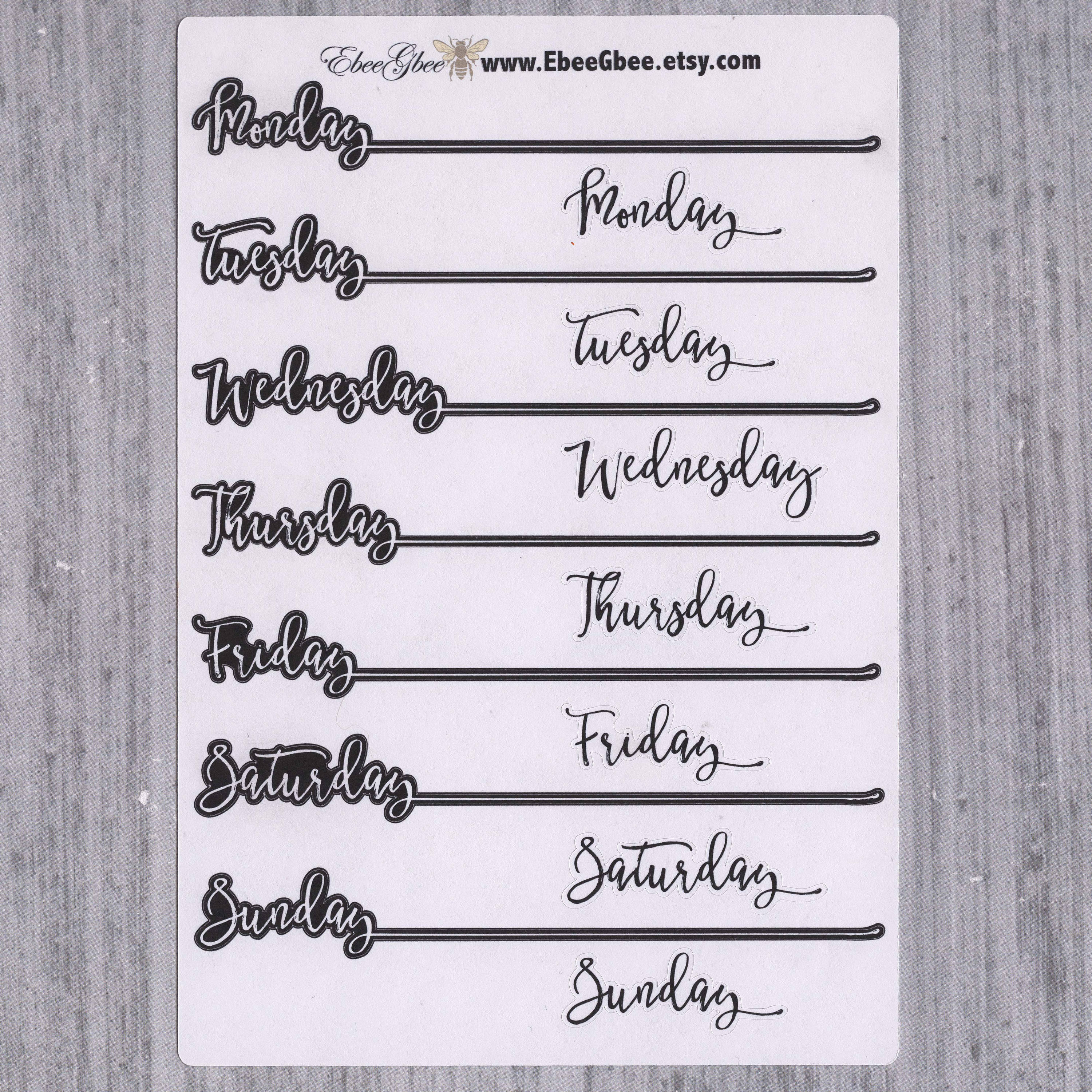 B&W WEEKDAY HEADERS  Planner Stickers | Hand Drawn Bullet Journal (BuJo) Style