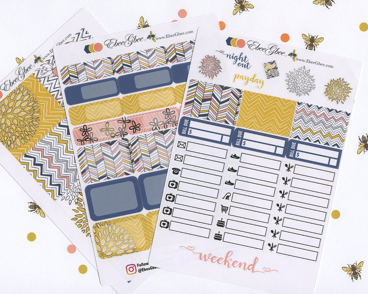 A LA CART Doodle Flower Weekly Planner Sticker Sheets | Navy Gold Peach