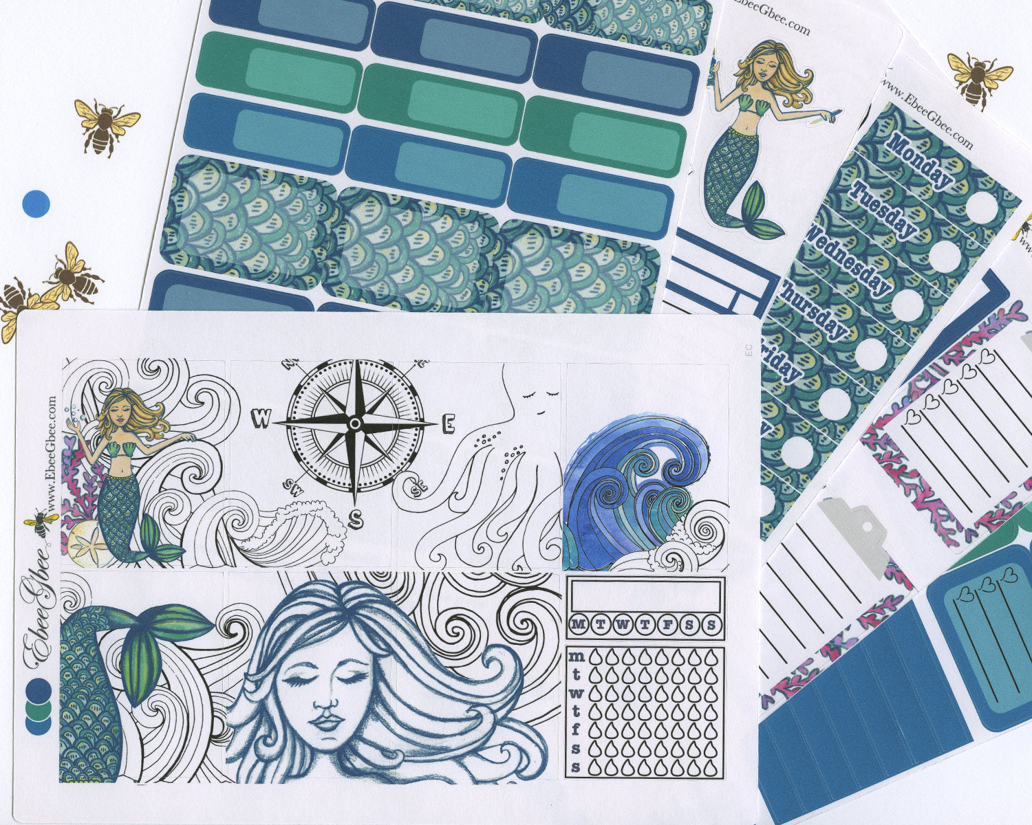 A LA CART Ocean Mermaid Weekly Planner Sticker Sheets | Teal Pine Midnight
