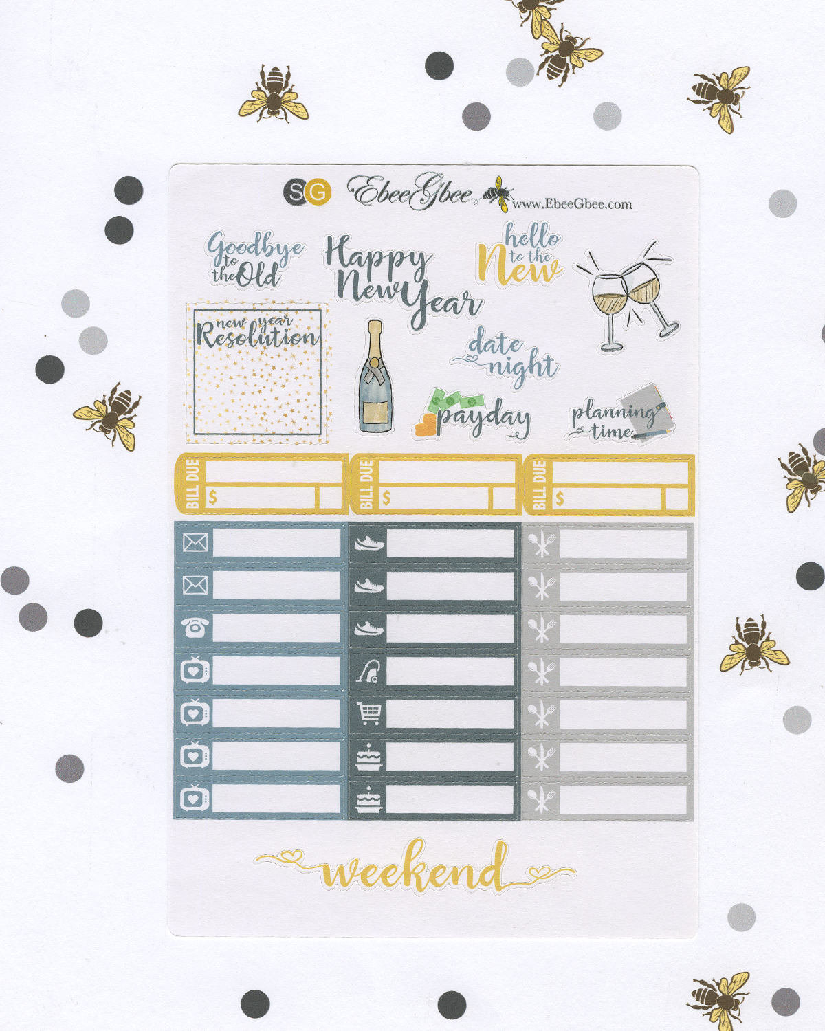 A LA CART New Years Eve Weekly Planner Sticker Sheets | Gold Storm