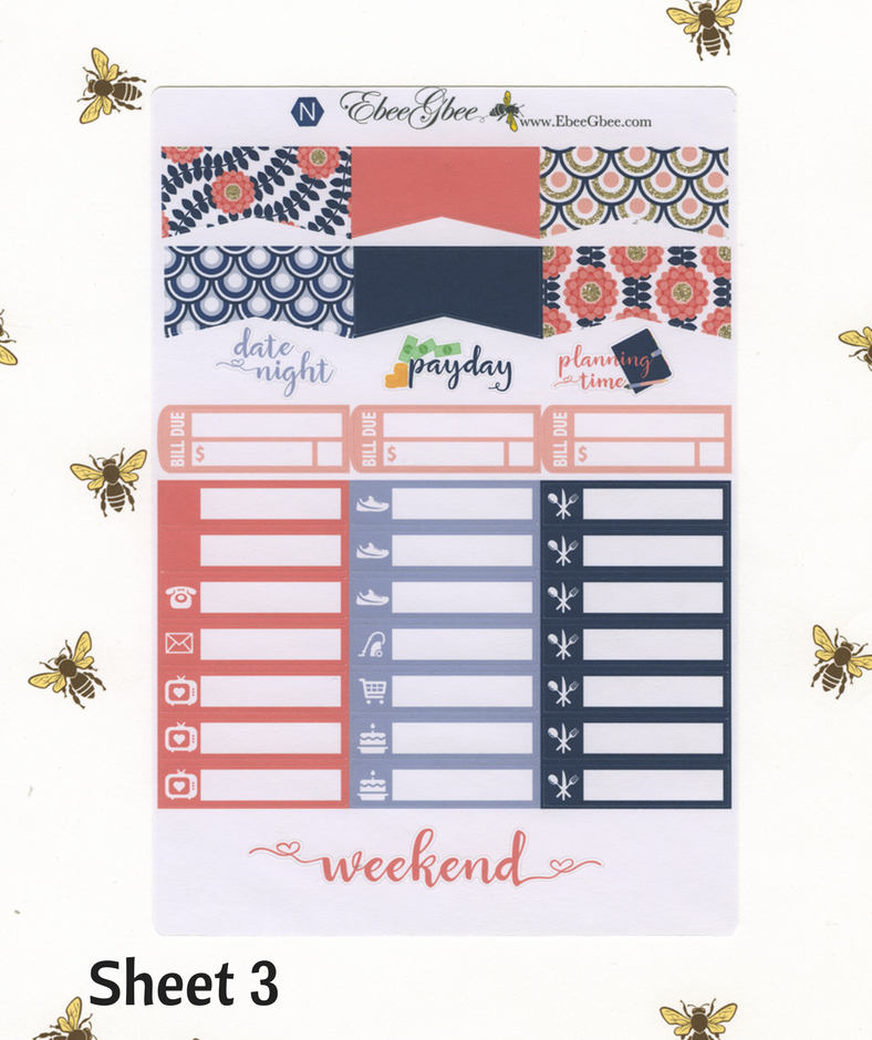 A LA CART Pink & Navy Weekly Planner Sticker Sheets | BeeBright Navy