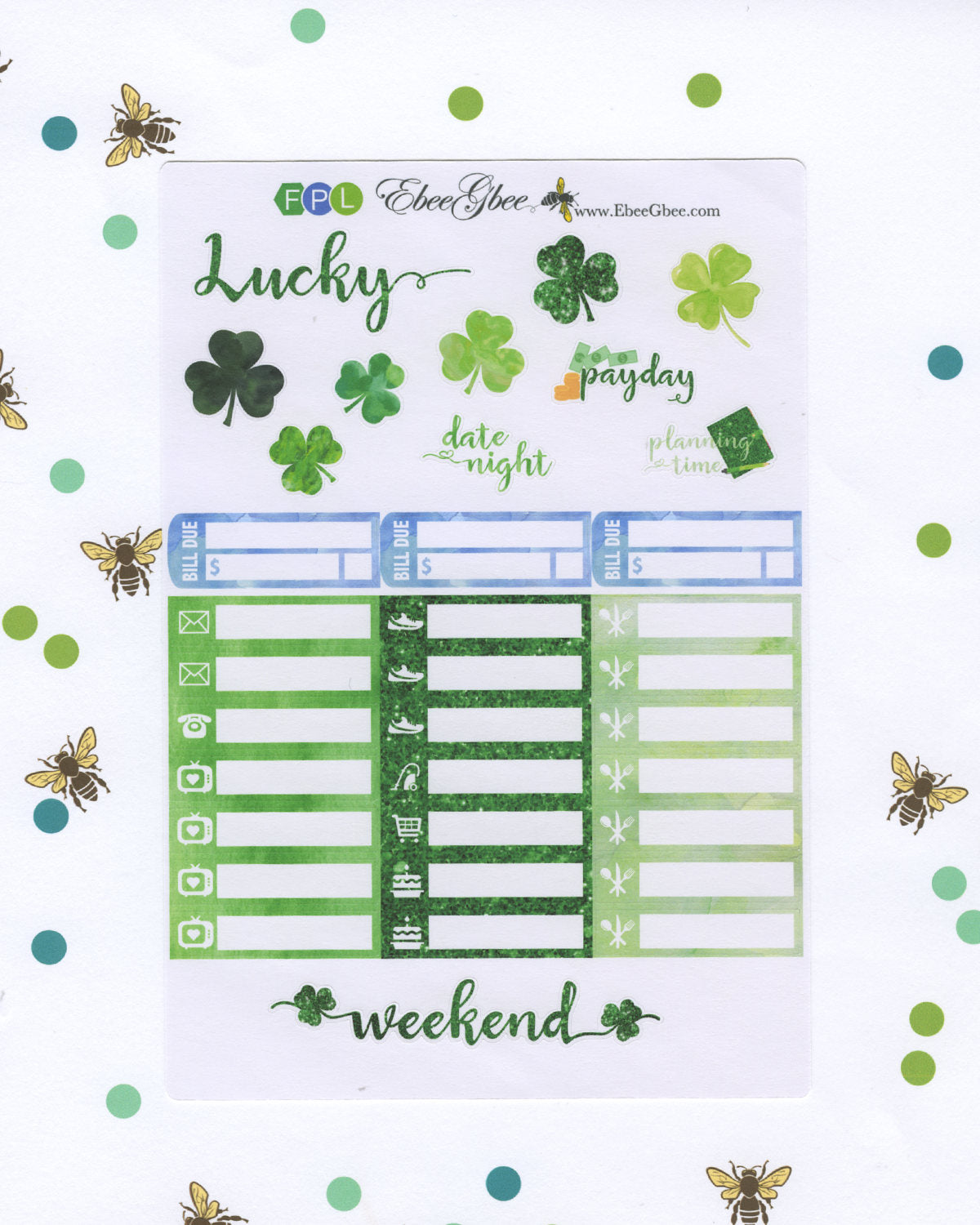 LUCKY WEEKLY Planner Sticker Set | BeeColorful Periwinkle Lime BeeBright Frog