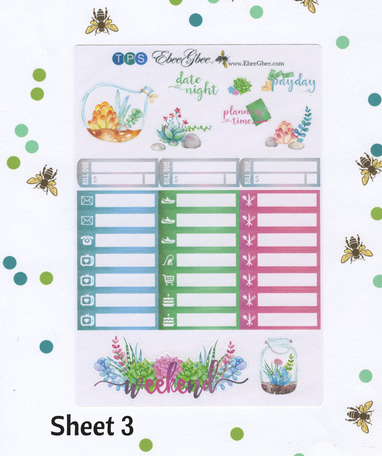 A LA CART Succulent Garden Weekly Planner Sticker Sheets | Teal Pine Sky